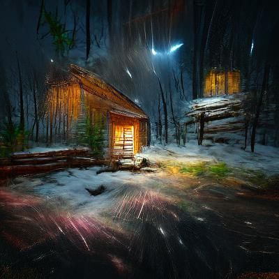 Snowstorm Envelops Cabin in Winter Landscape