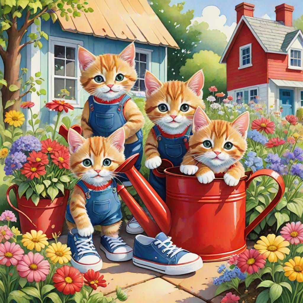 Whimsical Garden Kittens in Summer Attire