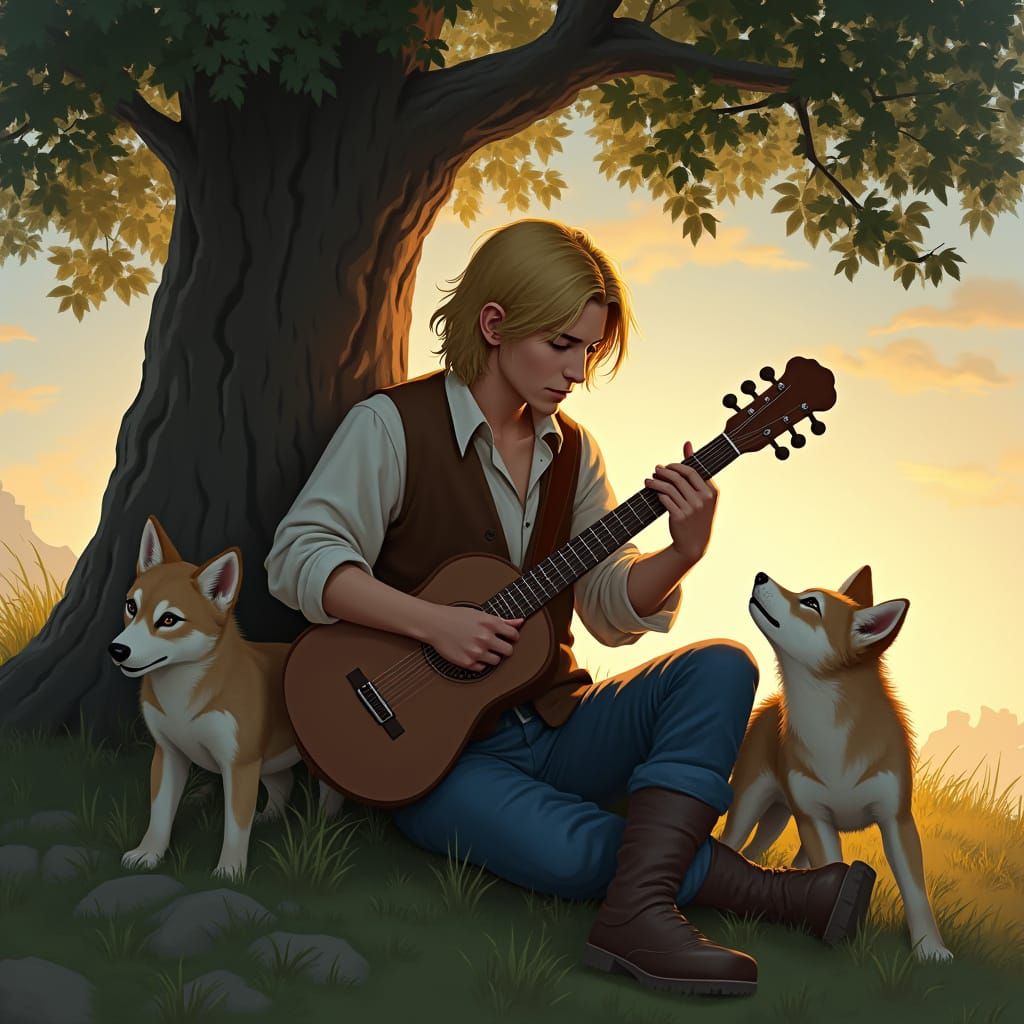 Young Man with Lyre and Wolf Pups at Dusk