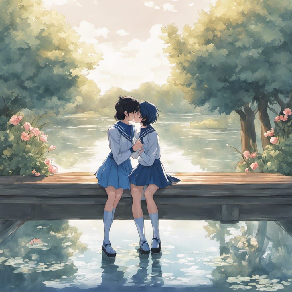 Anime Girls Kissing by Pond in Manga Style