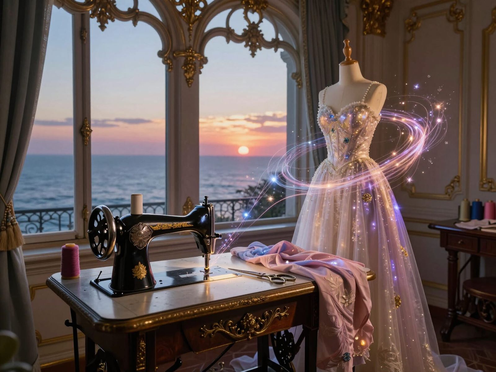 Futuristic Baroque Tailor Shop at Sea Sunset