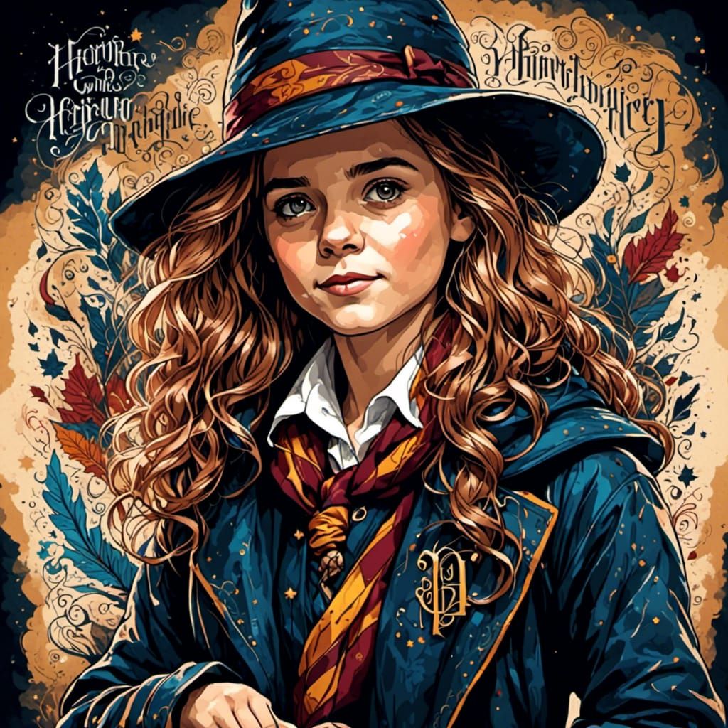 Hermione Granger Portrait with Calligraphic Ink Lettering