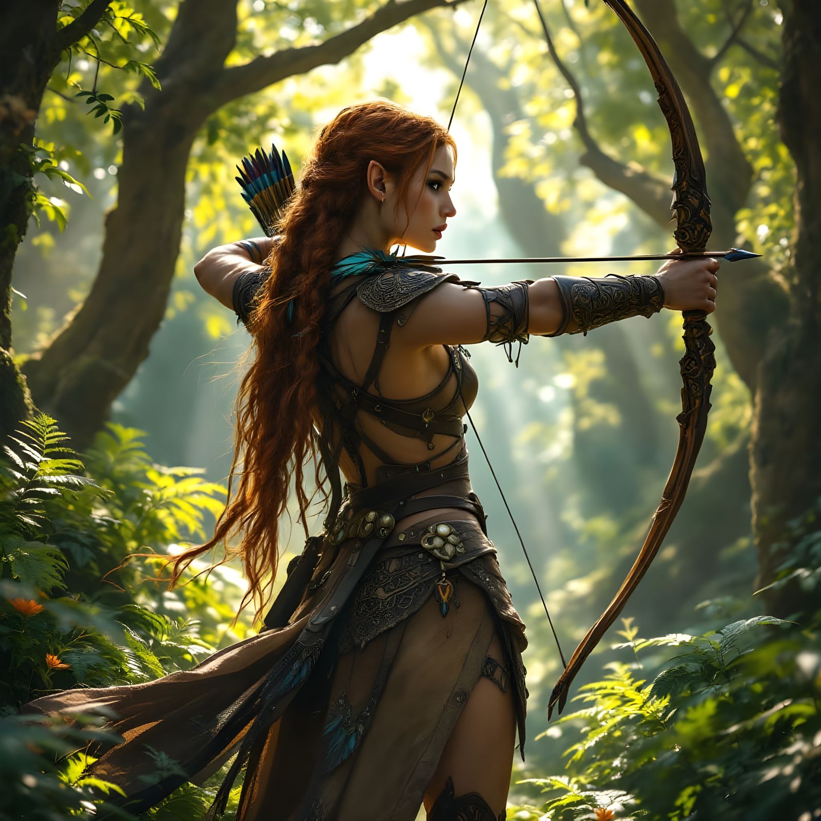 Ethereal Huntress Amidst Ancient Forest Majesty
