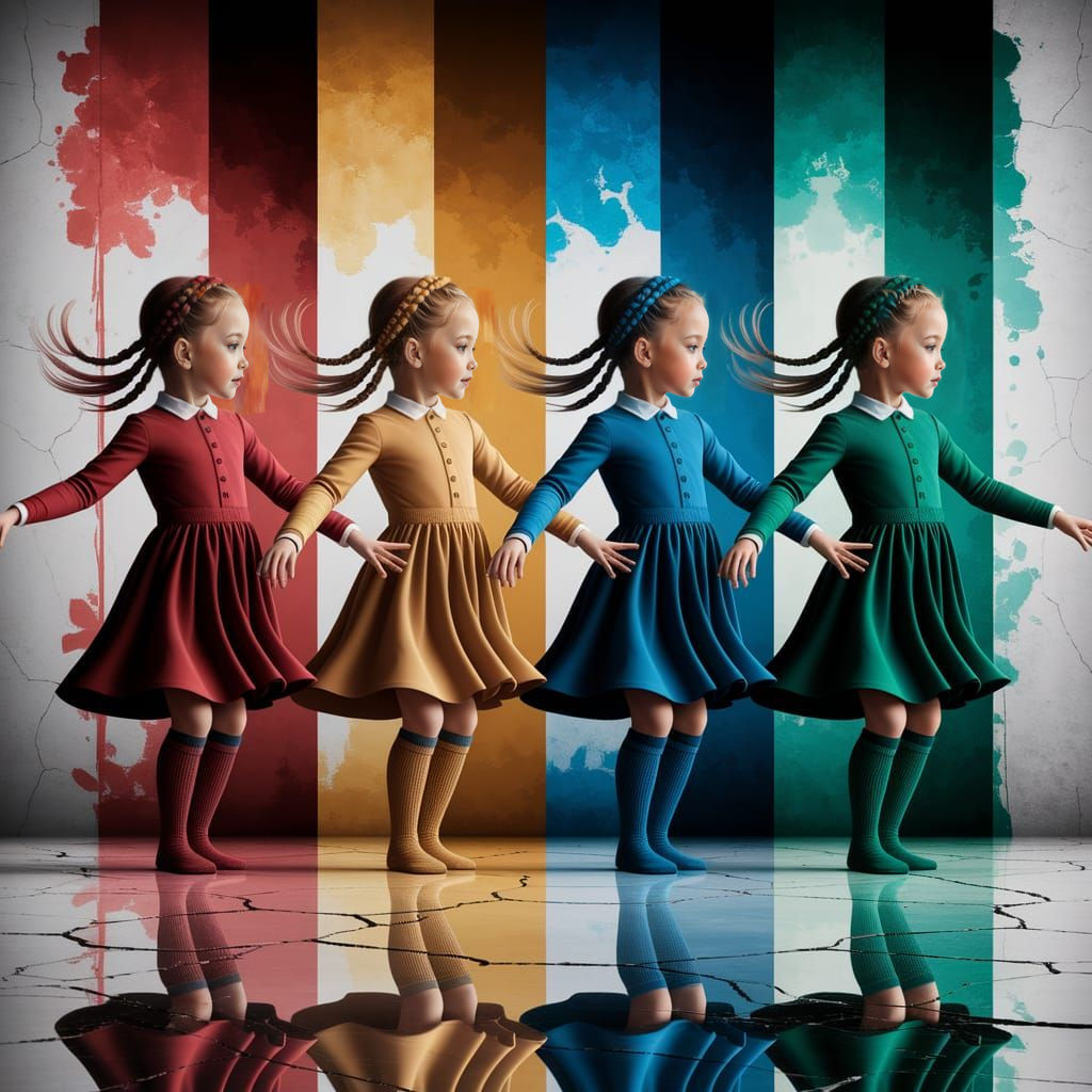Four Young Ballerinas Dance in Harmony Against Vibrant Abstr...