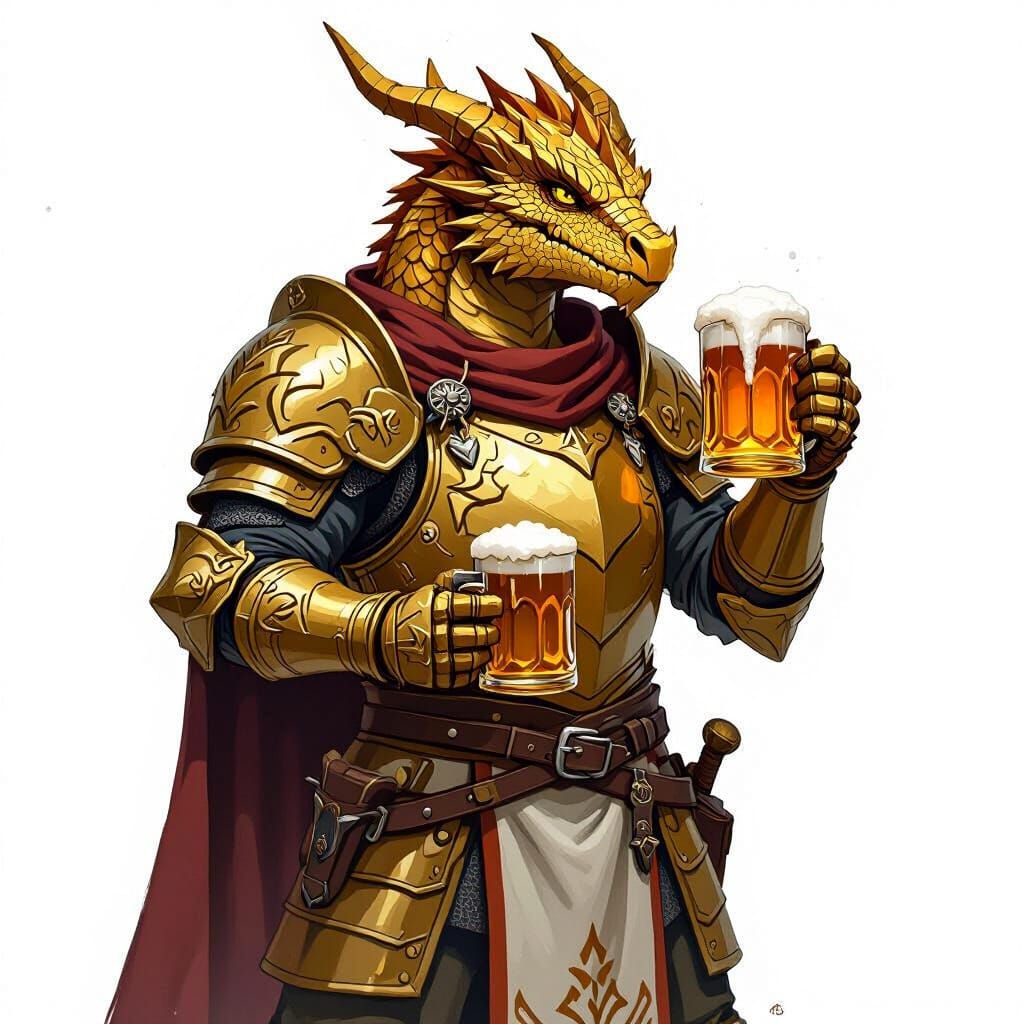 Golden Dragonborn Knight Drinking Ale in Digital Art Style