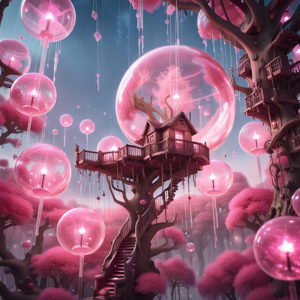 Pink Bubblegum Treehouse: Fantastical Digital Illustration