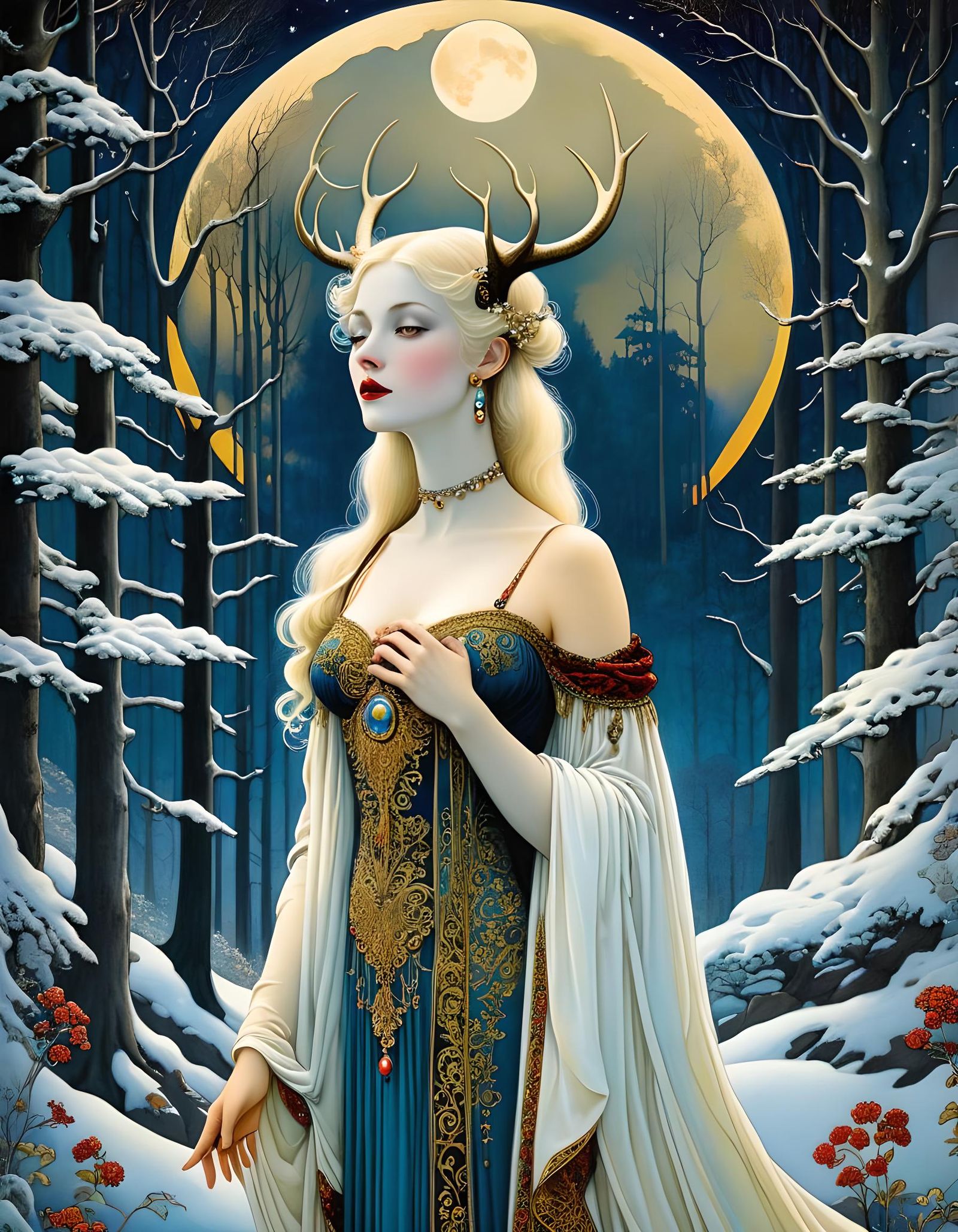 Woman with Antlers in Snowy Forest, Illustration Style