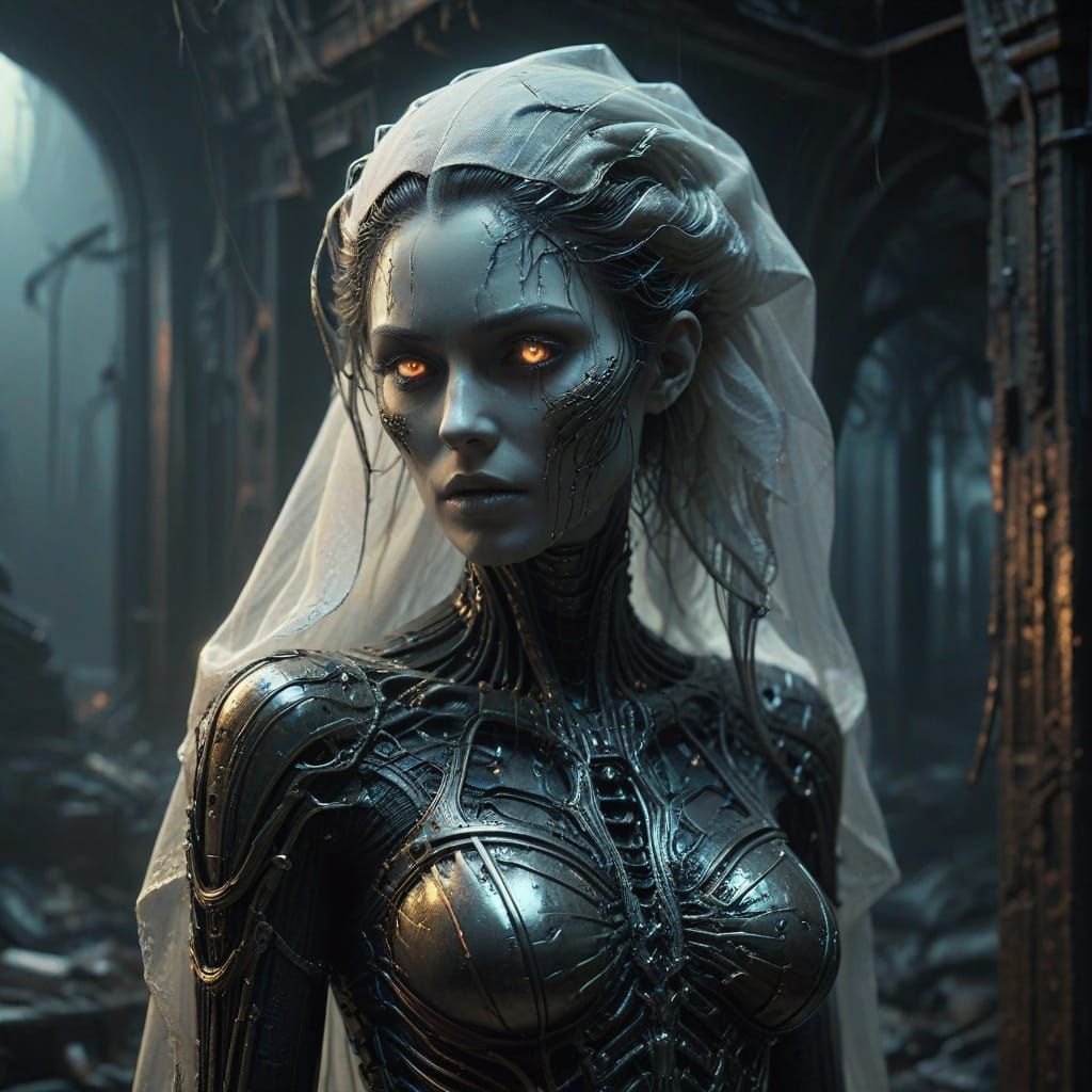 Ethereal Ghost Bride Dances in Cyberpunk Gothic Dreamscape
