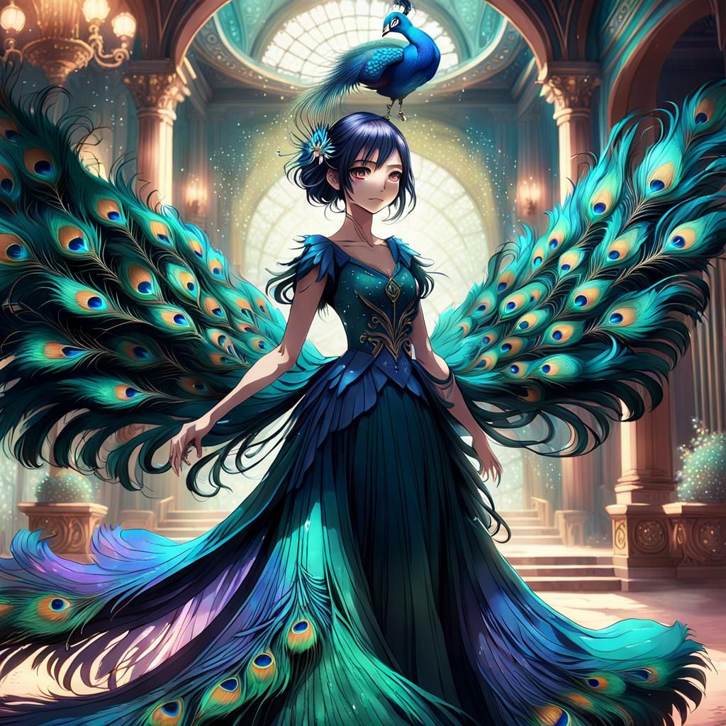 Anime Girl in Peacock Dress: Art Nouveau Style