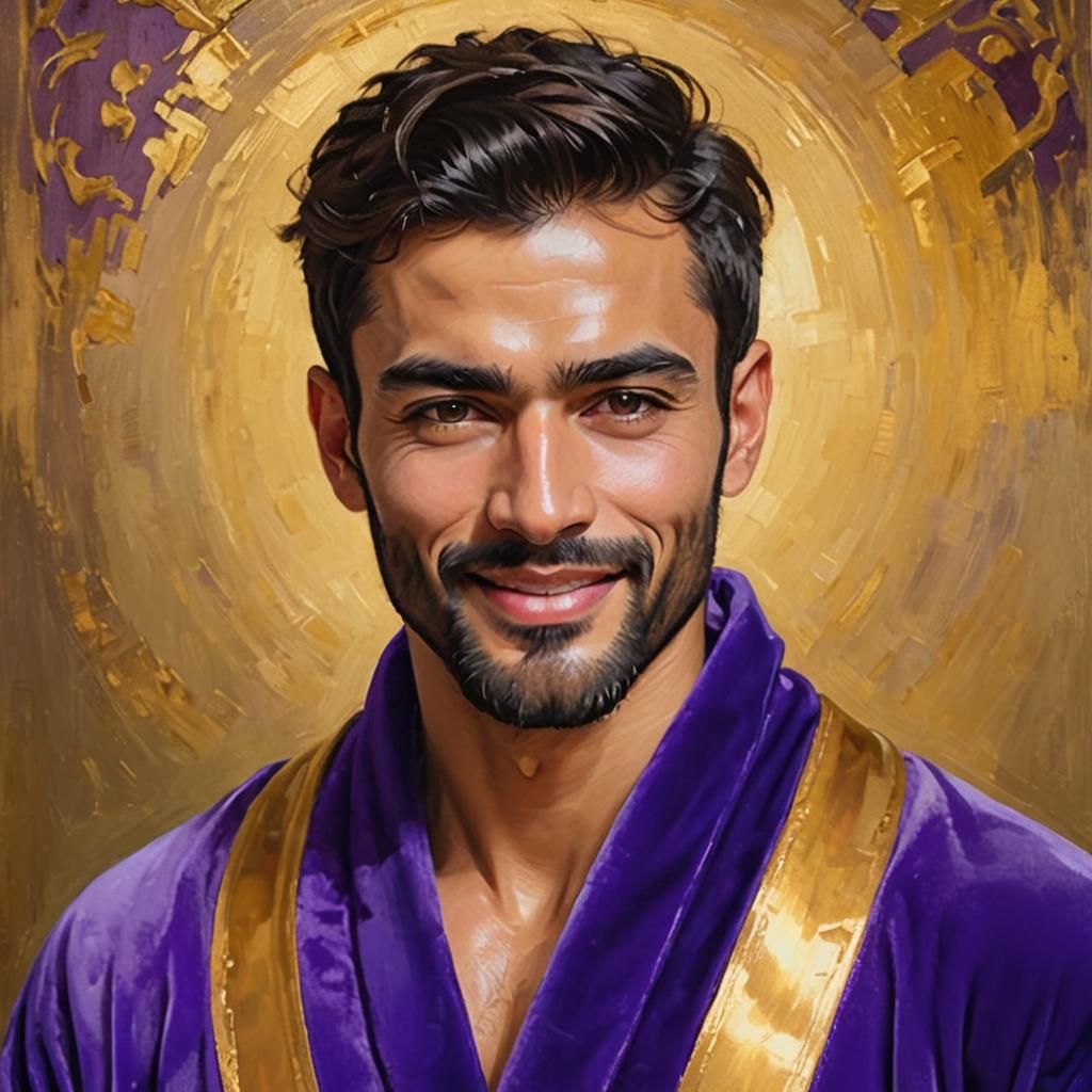Cheerful Man in Purple Velvet Robe: Impressionist Oil Painti...