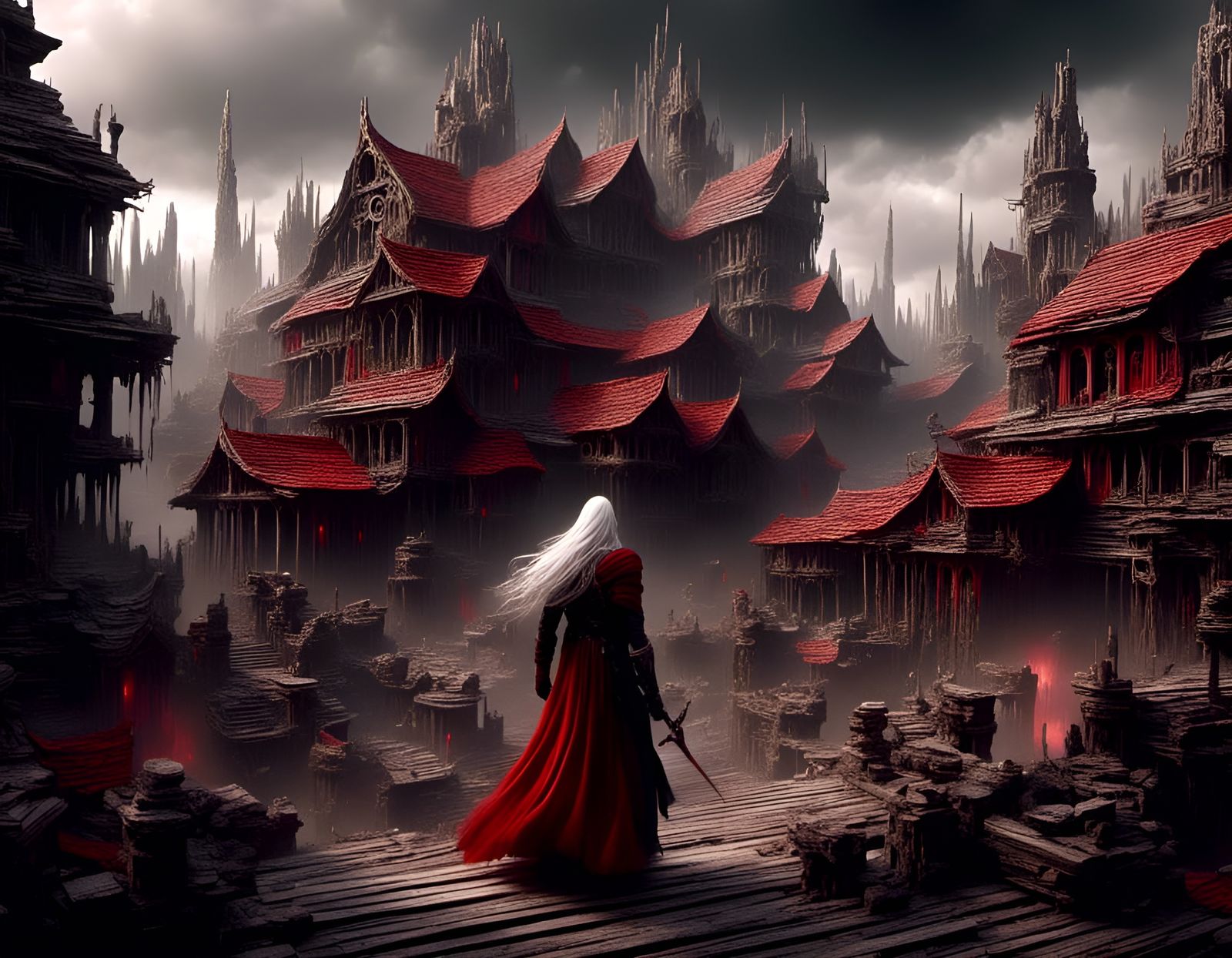 Surreal Horror Warrior in Crowded Street