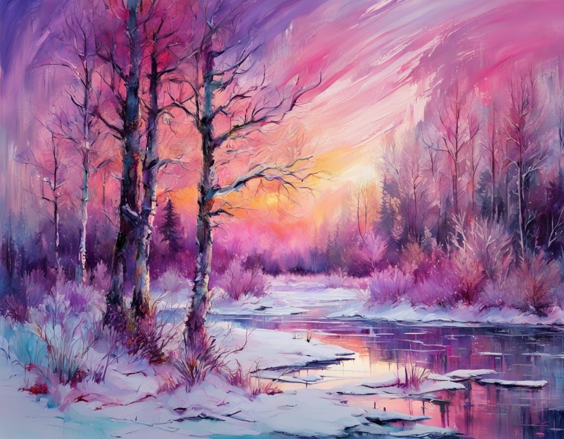 Frozen Lake in Expressionist Style with Sunset Lighting