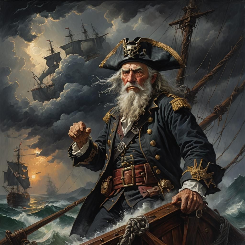 Fearsome Pirate Captain Navigating Stormy Seas