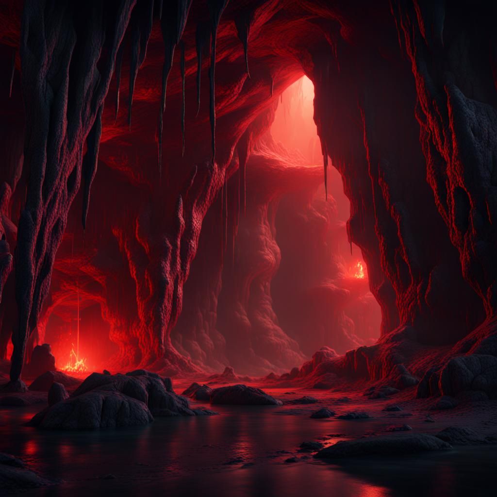 Ominous Red Glow in Dark Cavern