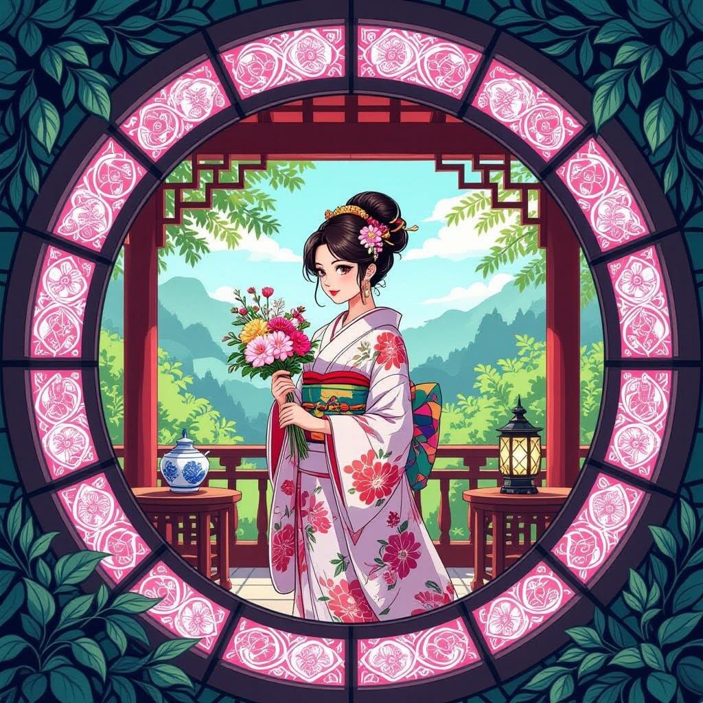 Stained Glass Window: Woman with Flowers in Anime Style