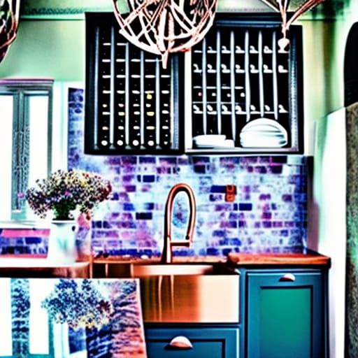 Ethereal gothic kitchen with labradorite kitchen counters& gothic rose gold refrigerator& gothic rose gold sink& rose go...
