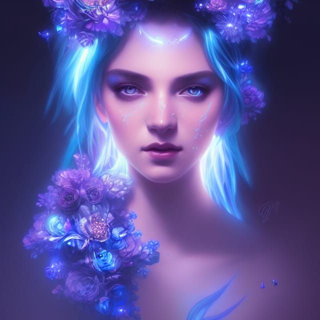 Neon Moonlight Flower Goddess Portrait in Cyberpunk Style