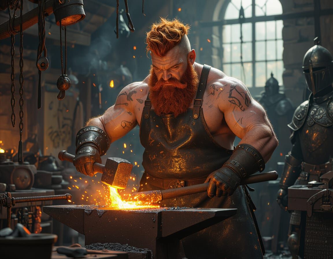Dwarf Blacksmith Forging Metal in Dramatic Digital Art