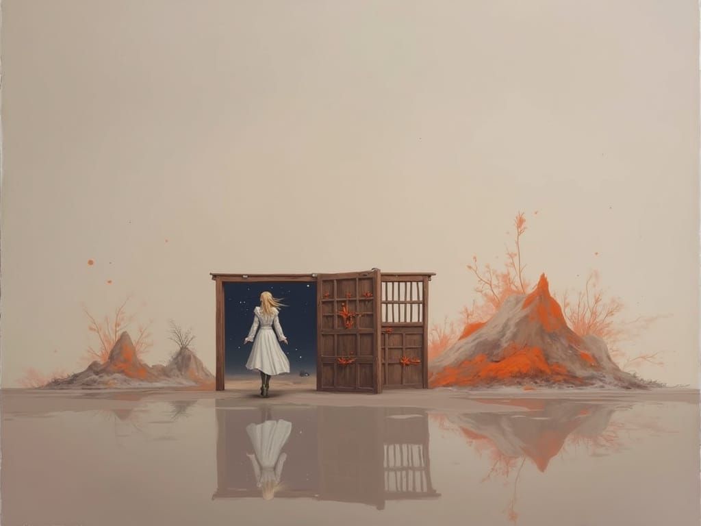 Woman Jumps Through Doorway to Starry Island