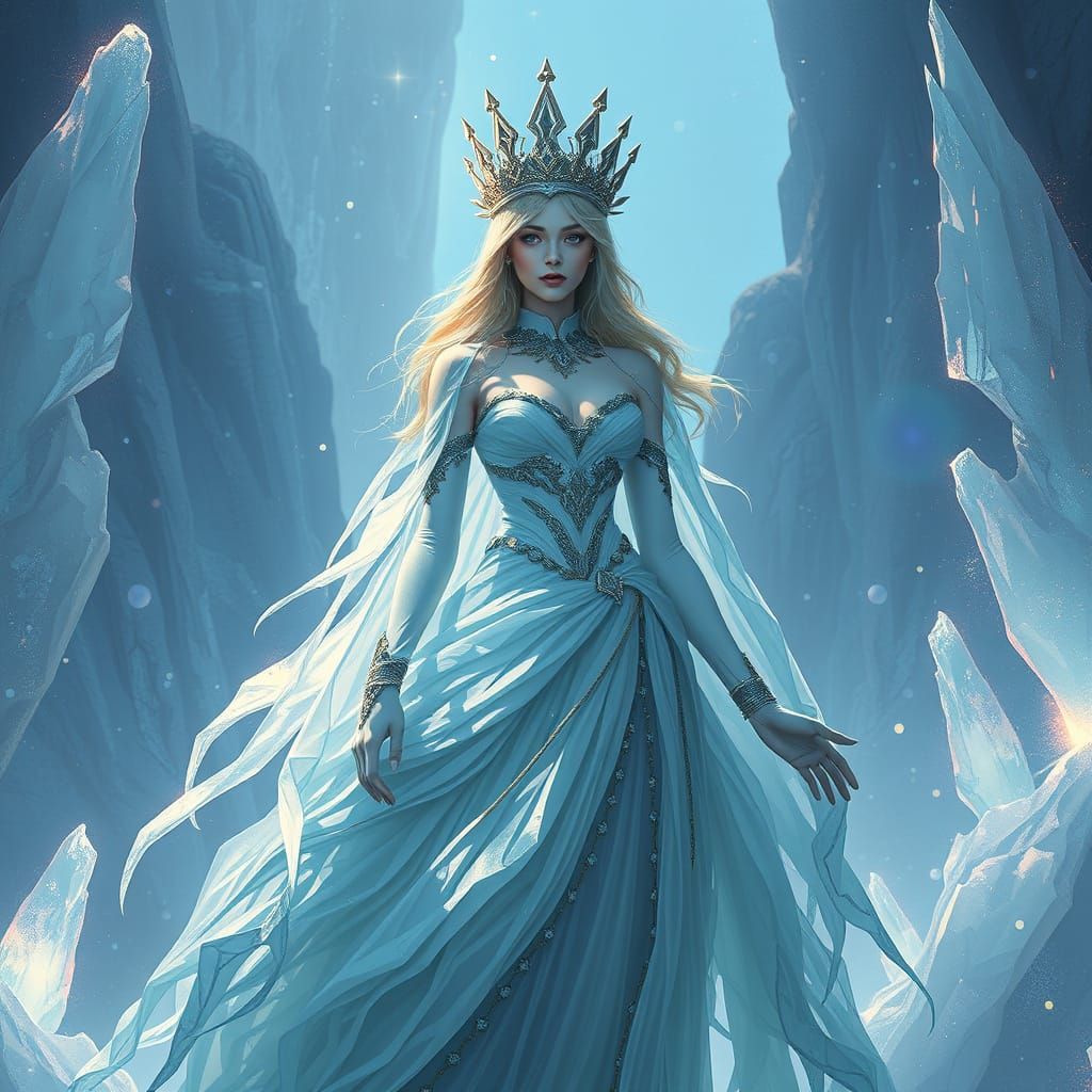 Icy Goddess in Shimmering Crystal Landscape