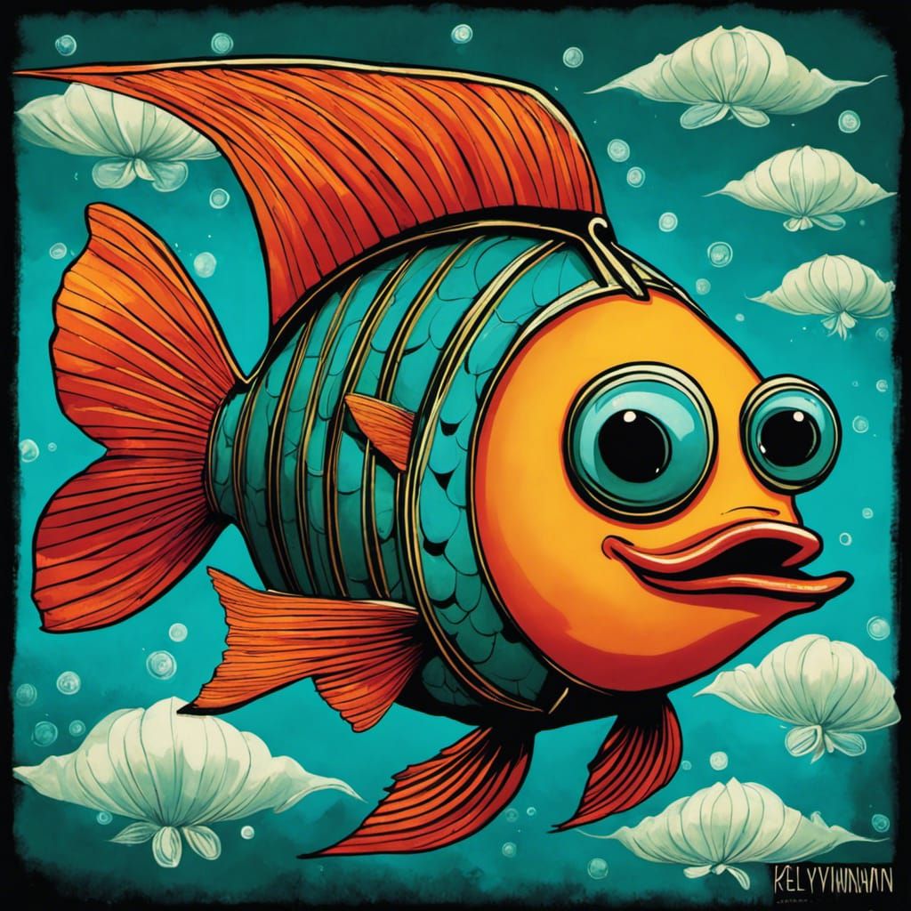 Funny Fish Parachuting in Art Brut Style