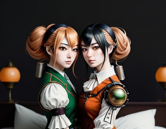 Kemono Twin Sisters Kissing in Steampunk Manga Style