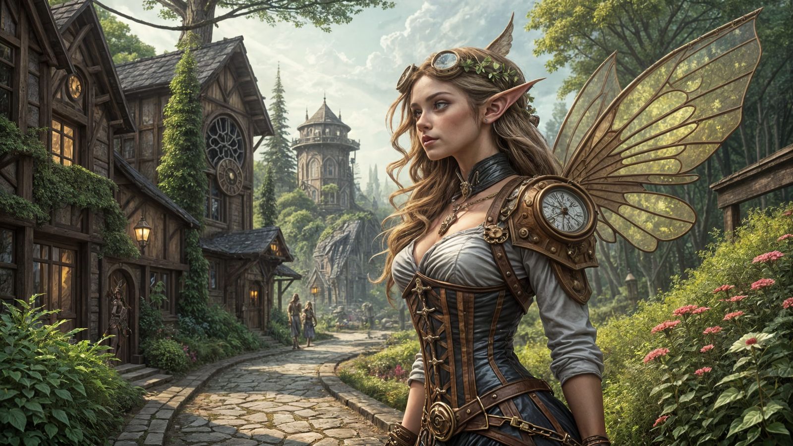 Elven Steampunk Aviatrix in Enchanted Village
