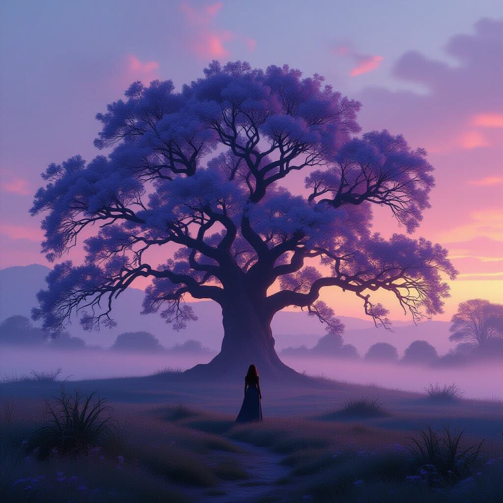 A misty landscape features a silhouette of a woman standing ...