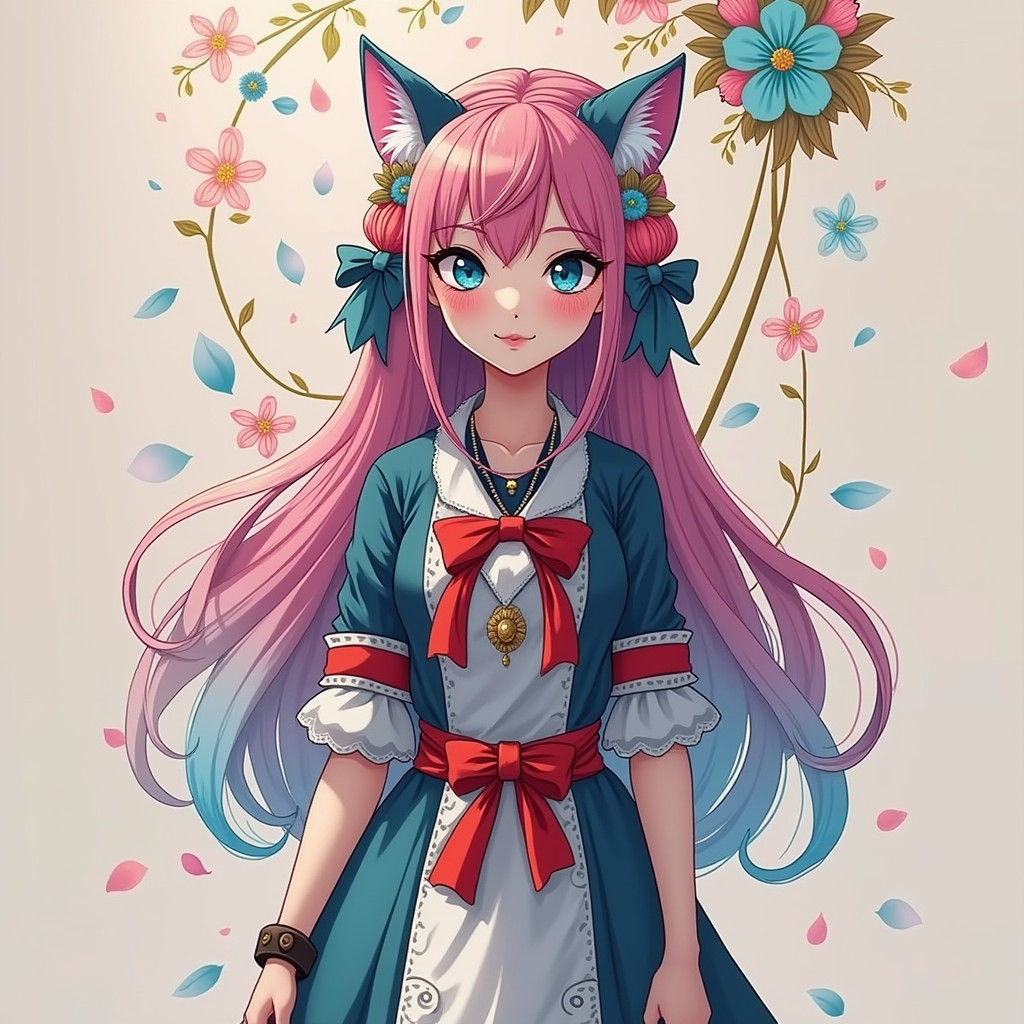 Neko Girl in Chilean Dress with Pastel Flowers