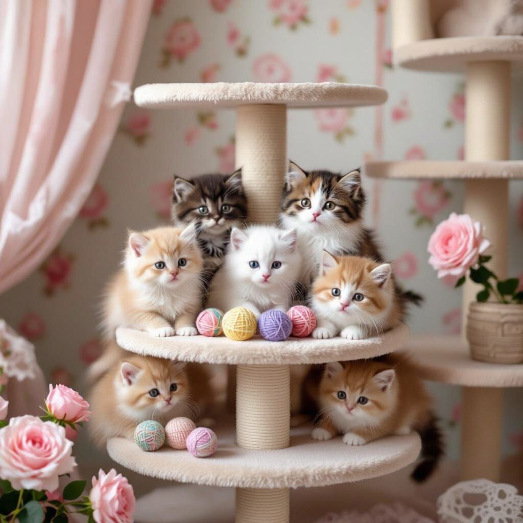 A group of Munchkin kittens and a mother cat are centrally p...