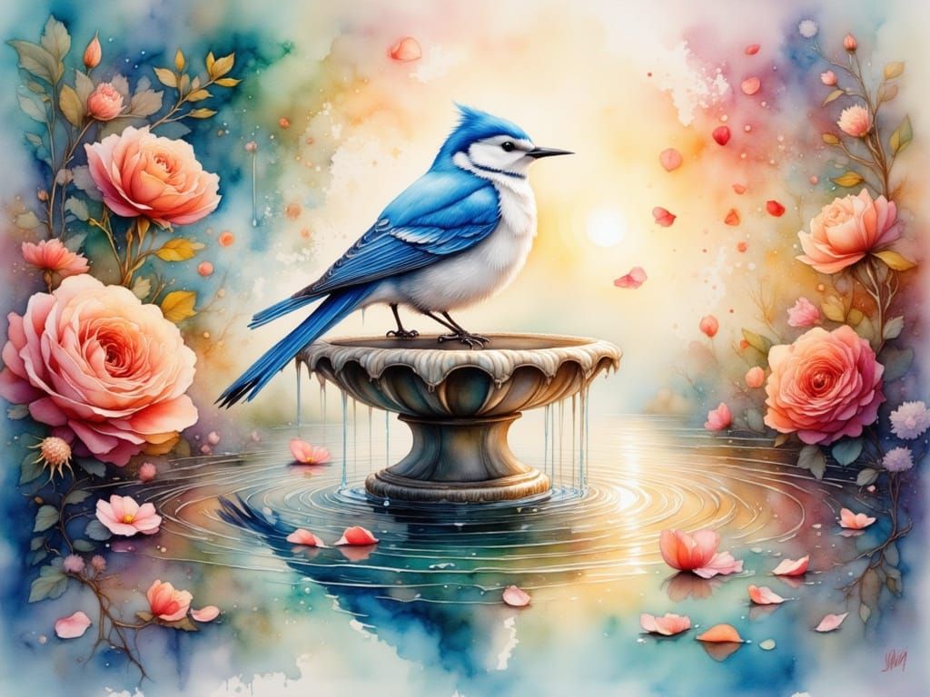 Enchanted Blue Bird Watercolor at Golden Hour