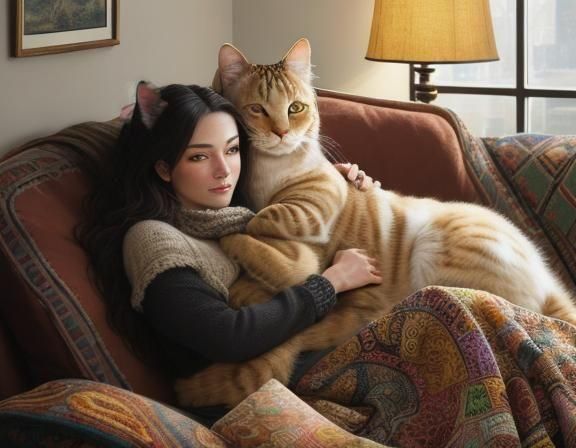 Cats Cuddling on Cozy Couch with Abstract Art