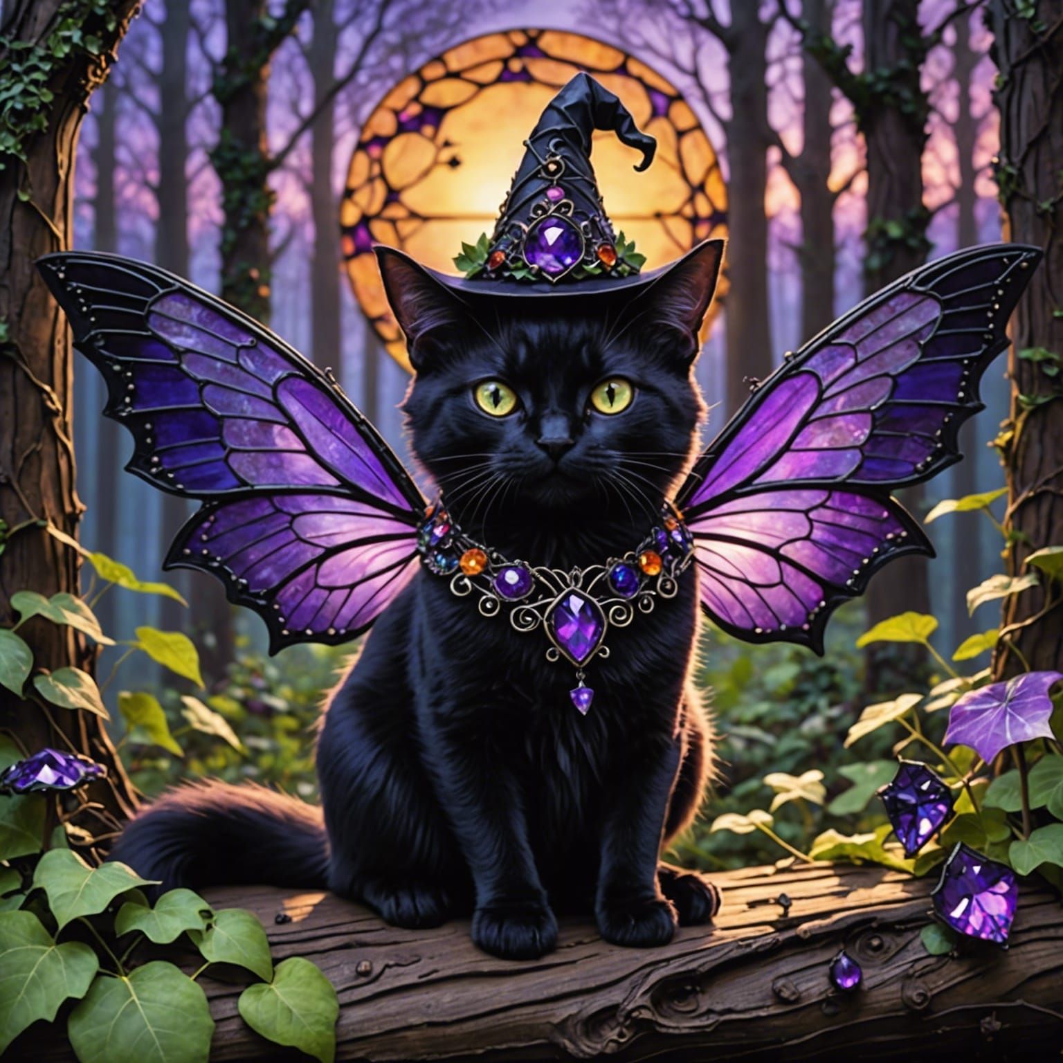 Whimsical Black Cat with Fairy Wings in Dark Forest