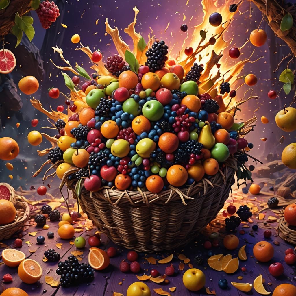 Exploding Fruit Basket in Ultra-Detailed Fantasy Art