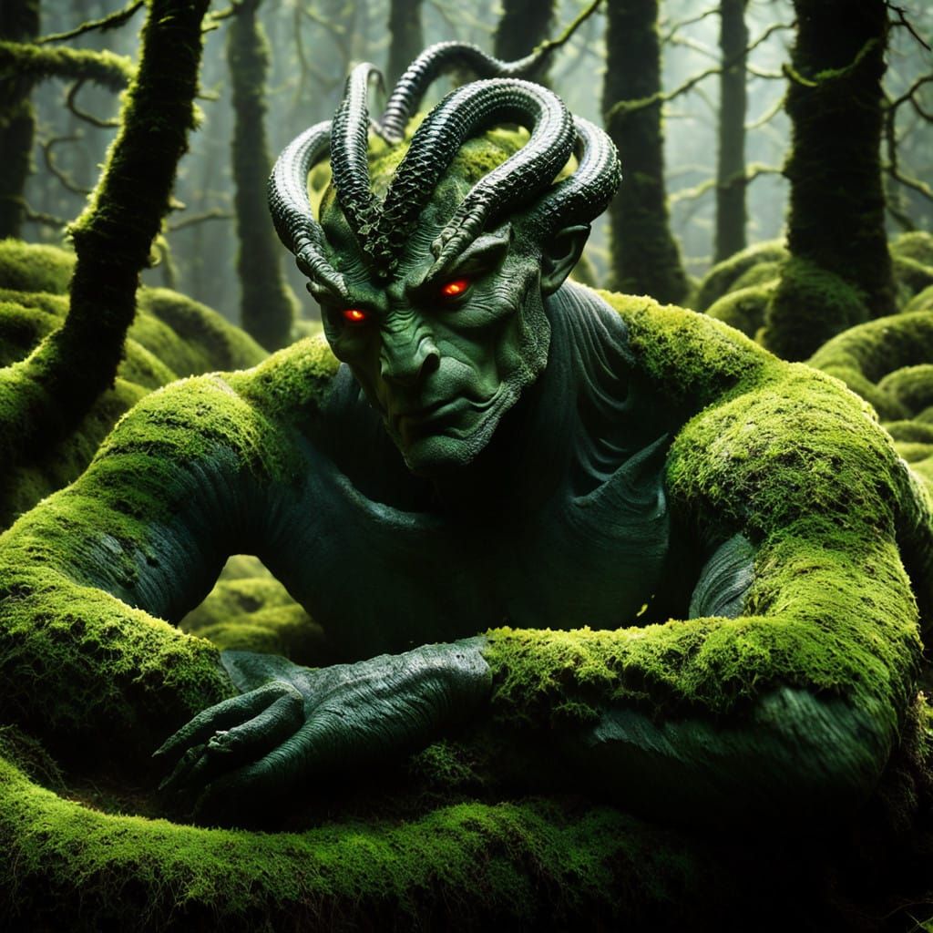 Mystic Man and Glowing Serpent in Dreamlike Landscape