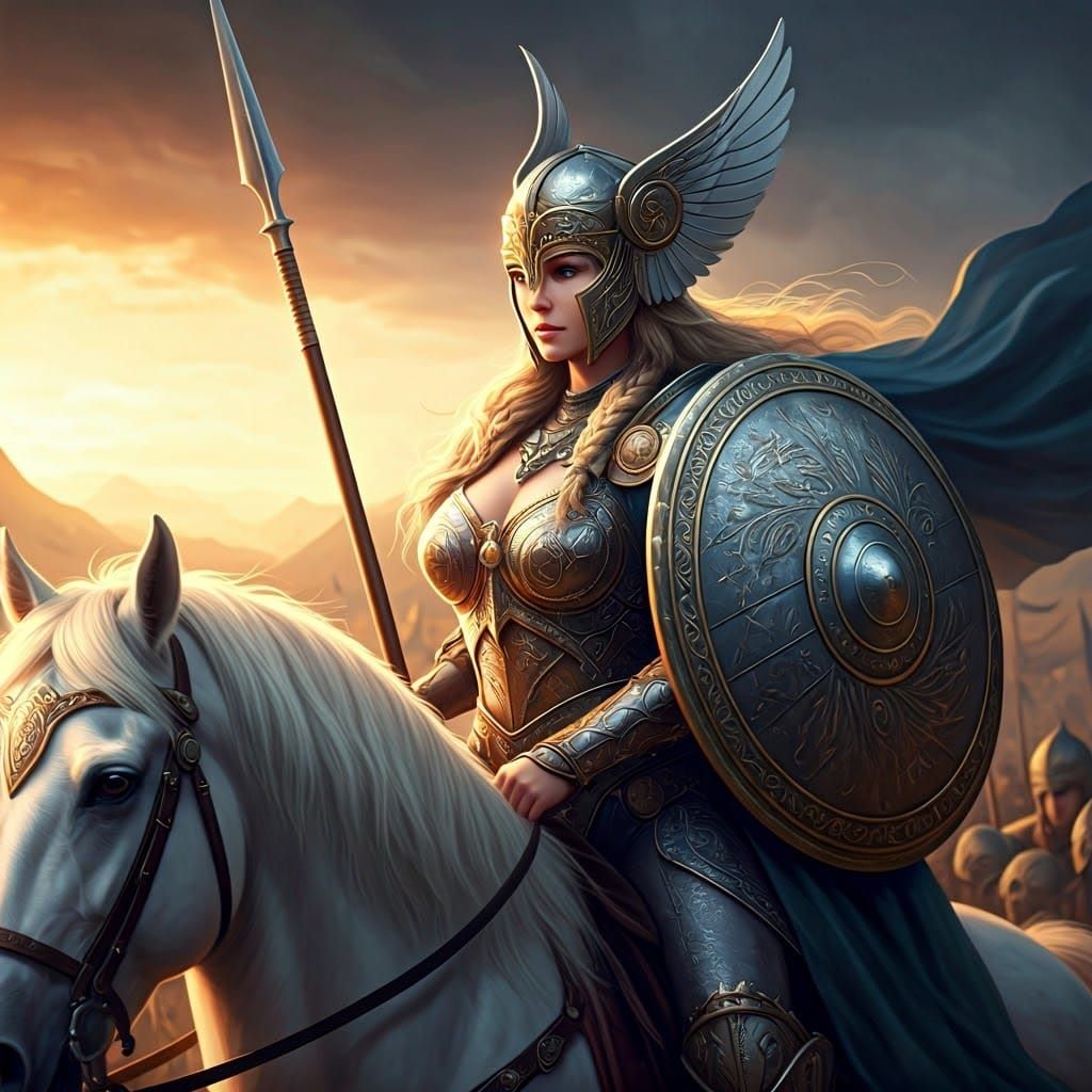 Valkyrie, Norse Warrior Goddess, Shines in Dawn's Golden Lig...