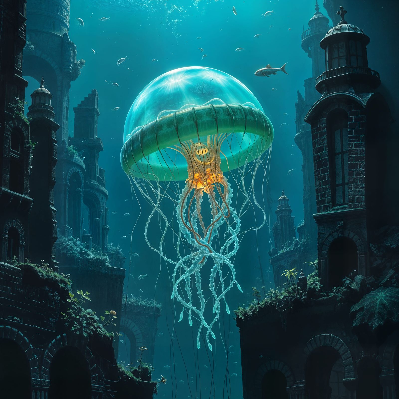 Bioluminescent Jellyfish in Sunken City, Cosmic Horror Art