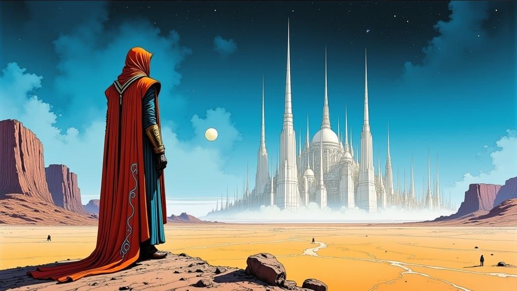 Desert City Illustration in Arthur Rackham Style