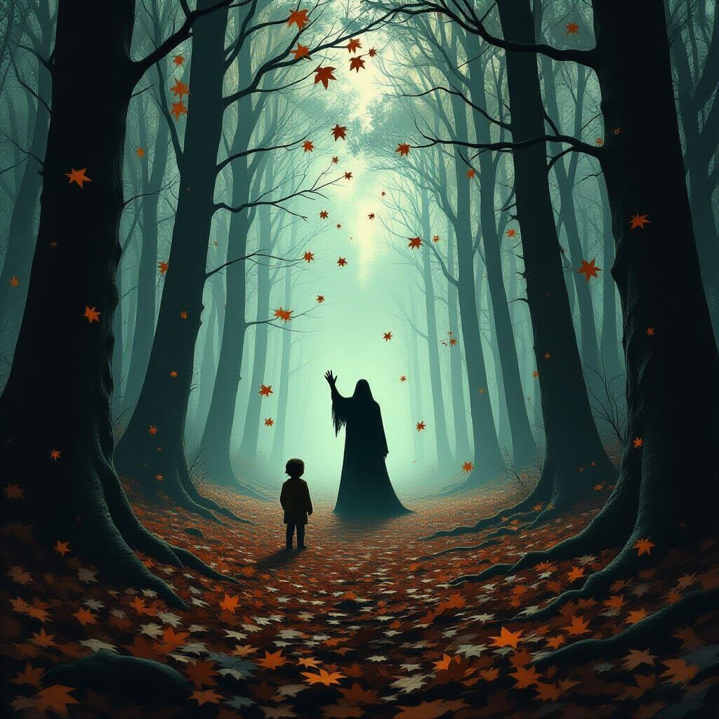 Dark Forest Farewell: Child Watches Figure Depart
