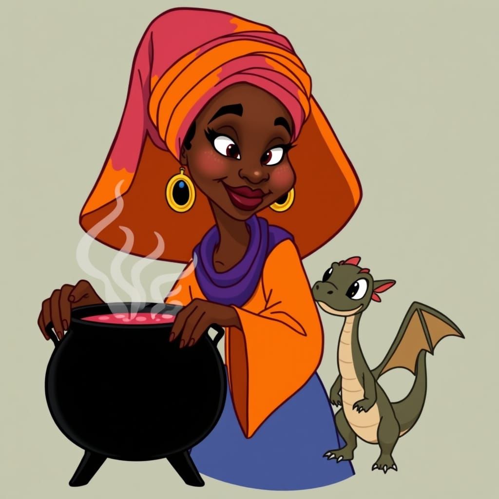 African Witch and Dragon Cartoon
