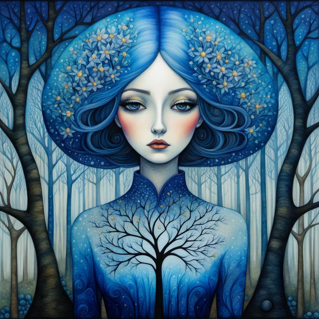 Transparent Girl with Blossom Tree, Art Brut Style