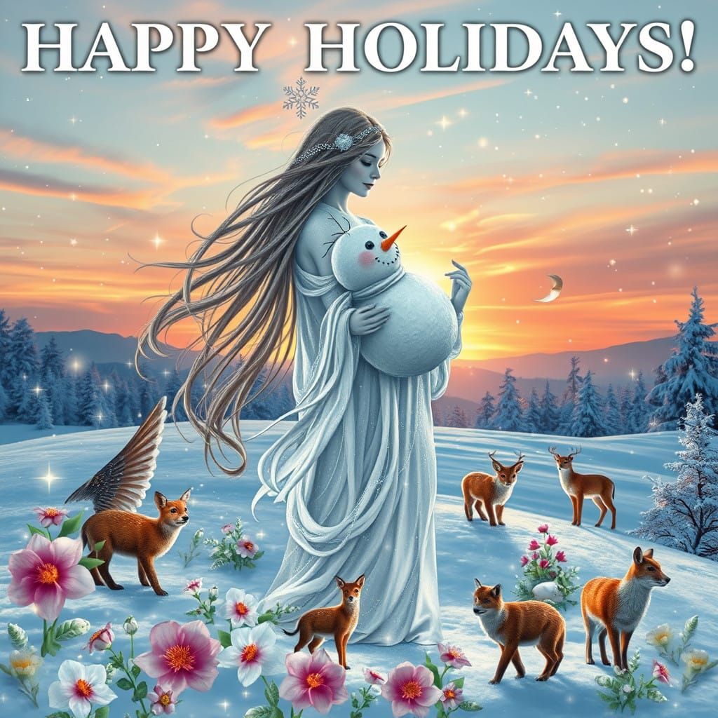 Winter Goddess Embracing Renewal in a Snowy Surreal Landscap...