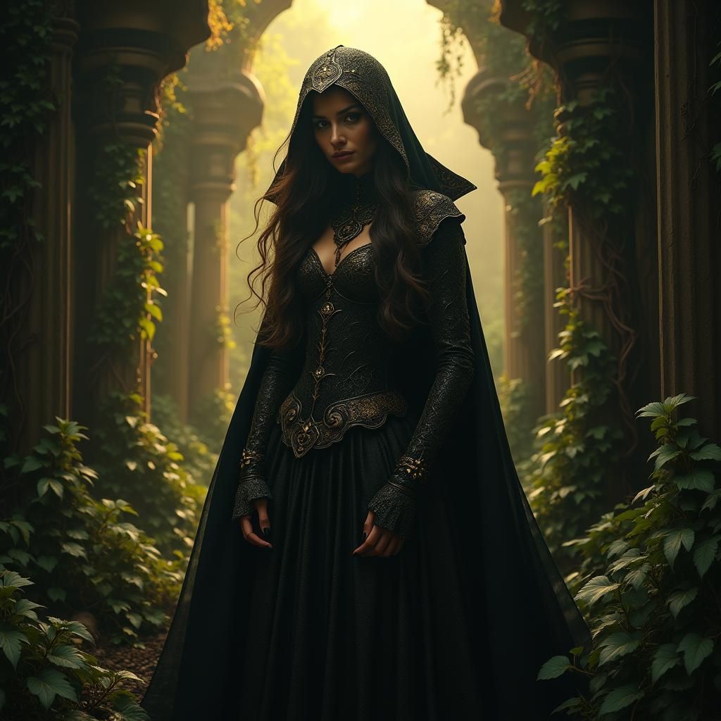 Eerie Woman in Golden Light: Dark Elegance