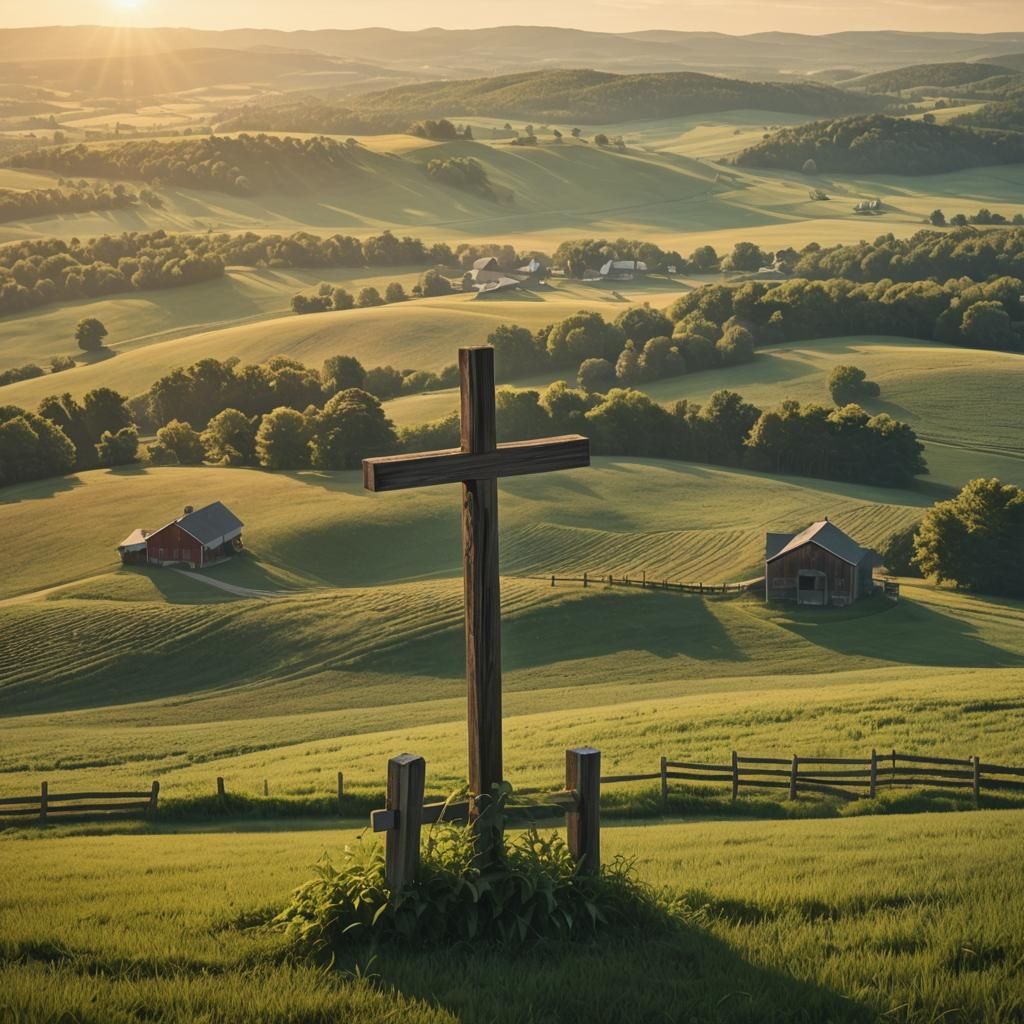 Serene Sunset Landscape with Wooden Cross