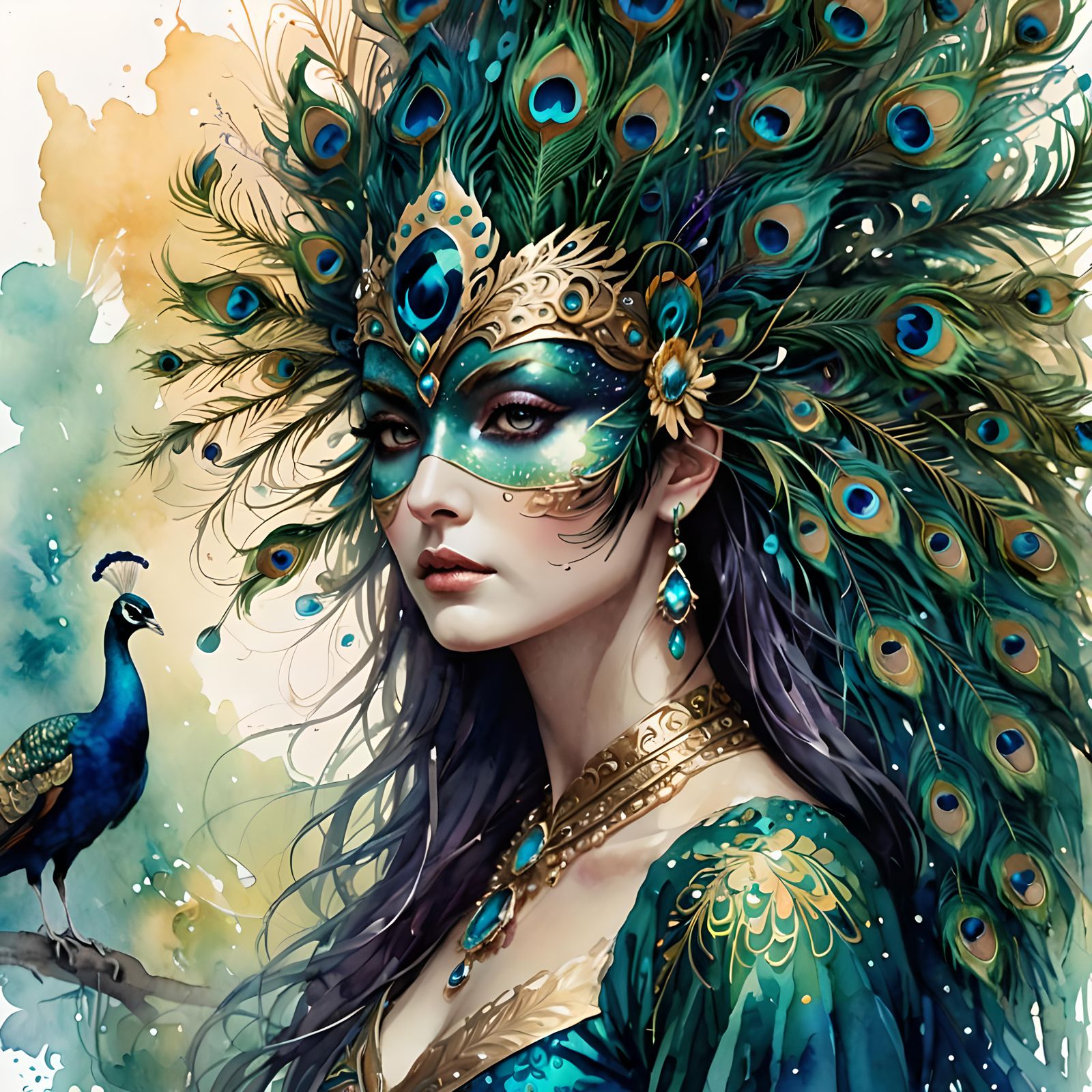 Peacock goddess wearing an feathered mask