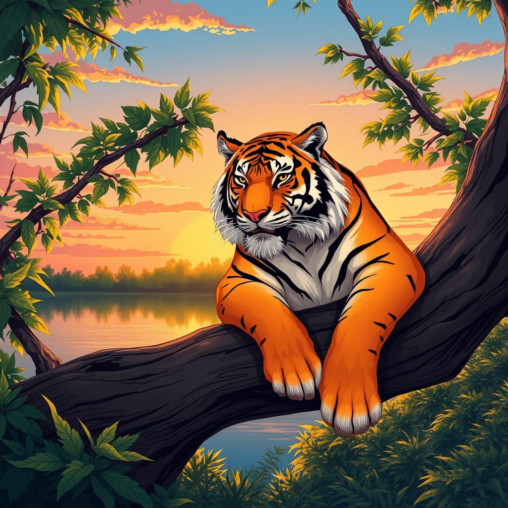Tiger in Sunset Glow on Tree Branch
