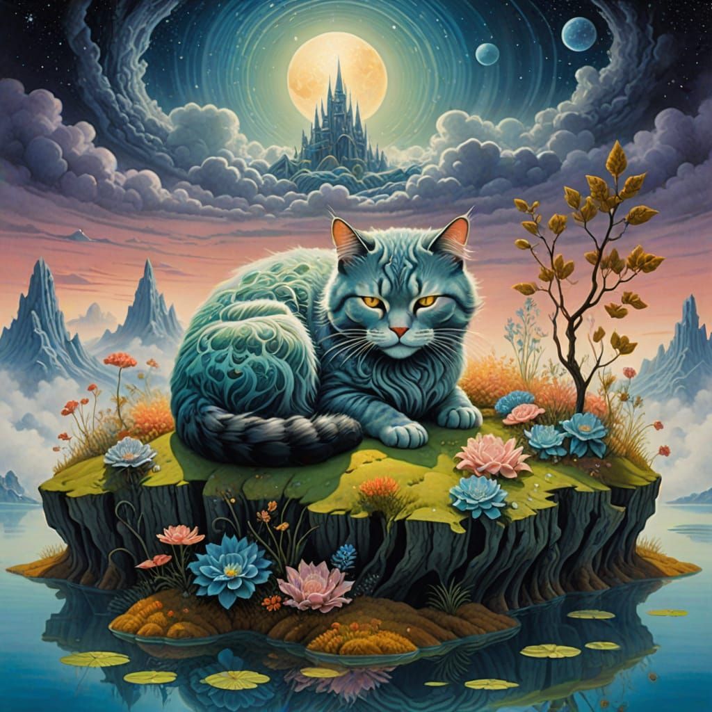 Giant Sleeping Cat on Floating Island in Cosmic Dreamscape