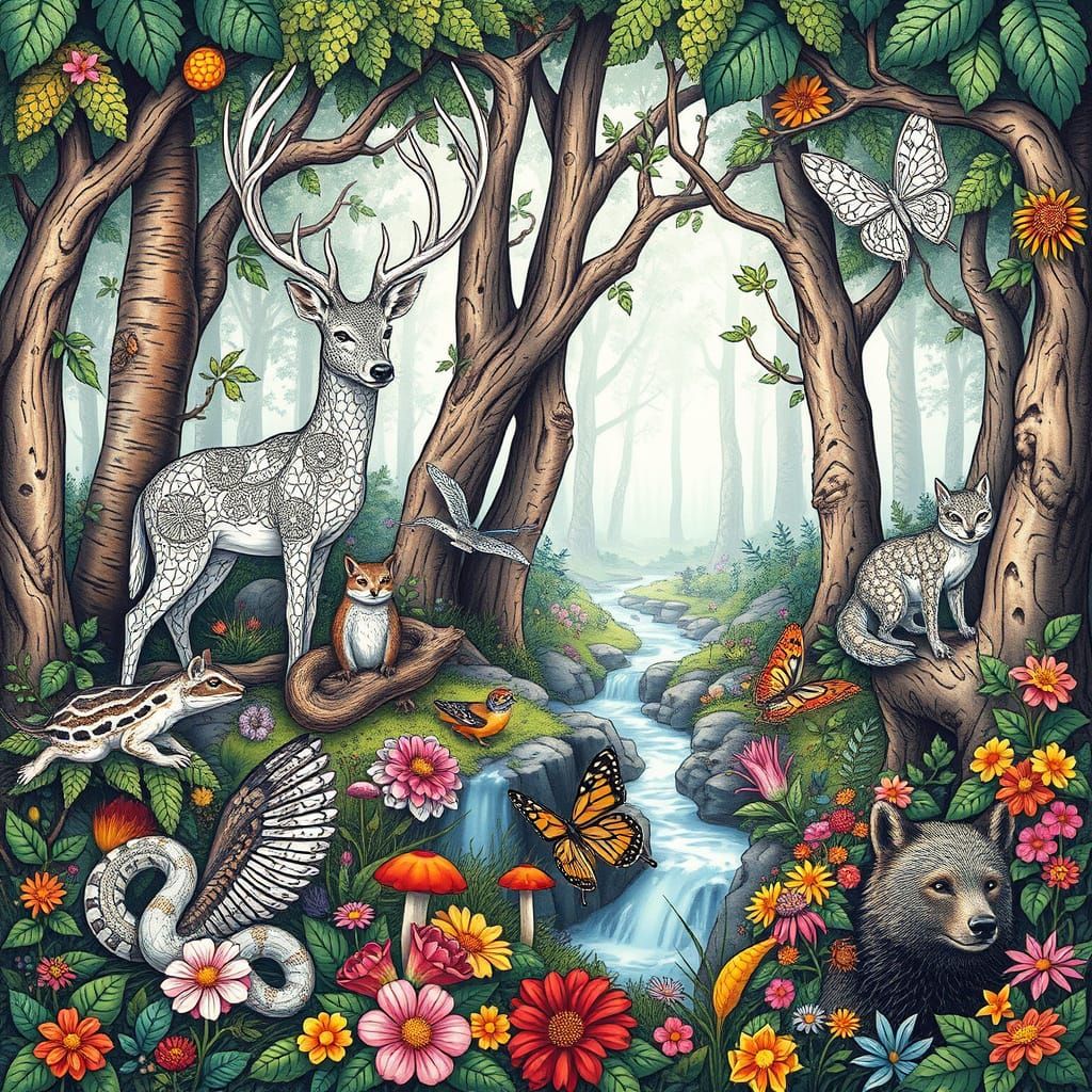Enchanting Forest Scene with Whimsical Creatures and Geometr...