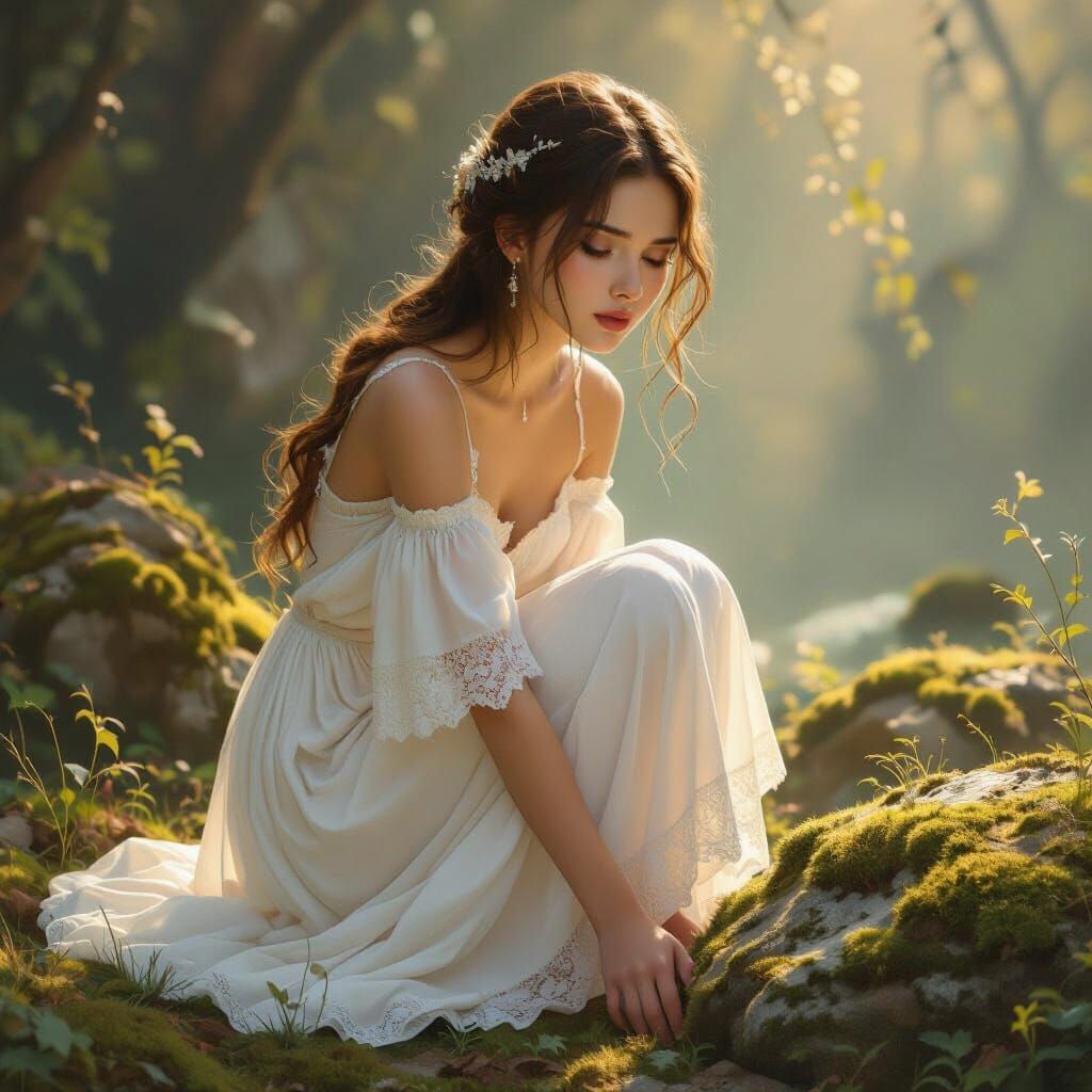 Ethereal Woman Weeps by Mossy Rock in Soft Light