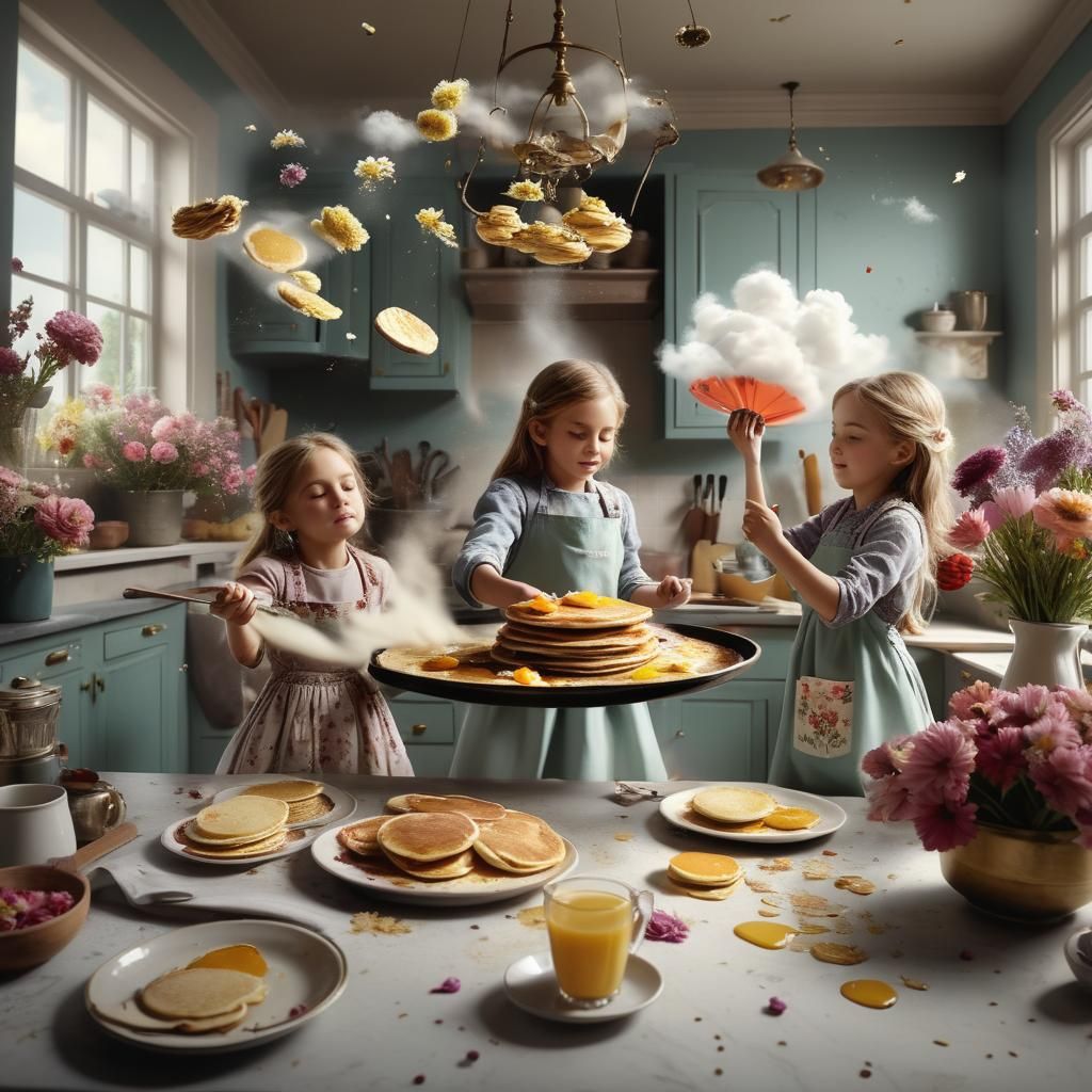 Girls Making Pancakes with Flying Flowers